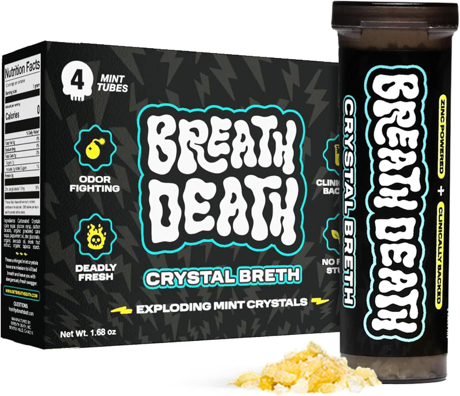 Crystal Breth Breath Mints, Peppermint Mint Crystals, Gluten Free, Vegan & Zero Calorie Mints, Zinc-Infused & Fast Acting Formula, Single Pack - 4 Tubes, 12 Servings per Tube, 1.6 Oz.